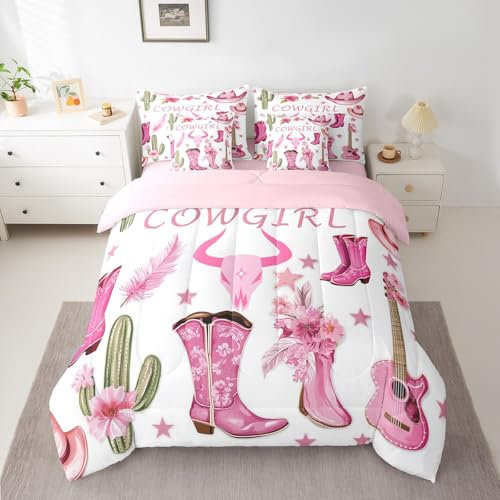 7-teiliges Cowgirl-Bettwäsche-Set in voller Größe, Mädchen-Stiefel, Hüte, Gitarre, Bettwäsche-Set für Kinder, Mädchen, Frauen, wildes Western-Kaktus, Cowboy-Bett in einer Tasche mit Bettdecke,