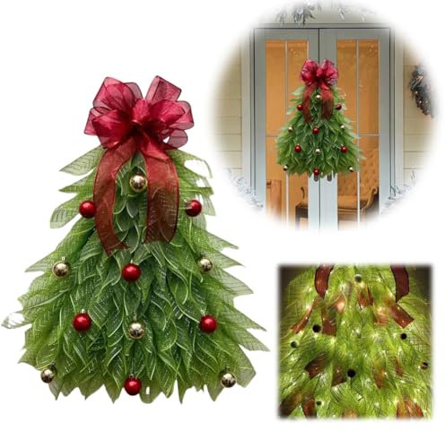 Weihnachten Deko Türkranz, 35cm Weihnachtskranz Elch Rentier Puppe Willkommensschild, Rattan-Girlanden-Kranz-Dekorationen für Wand, Haustür, Fenster, Kamin, Hochzeitsfeier (Red Bow)