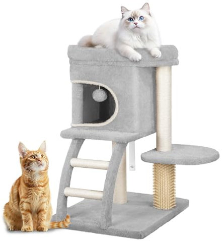 Hzuaneri Árbol de Gatos, Árbol Rascador para Gato Altura 75 cm, con Plataforma de 30 × 40 cm, Agujero Grande para Gatos, Escaleras de Sisal, Poste Rascador, Pompón, Gris Claro MS07518LG