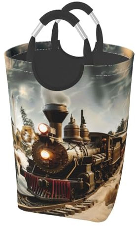 Wäschekorb mit Zug- und Eisenbahn-Motiv, bedruckt, mit Griffen, quadratisch, schmutzige Kleidung, für Waschküche, Schlafzimmer, Badezimmer
