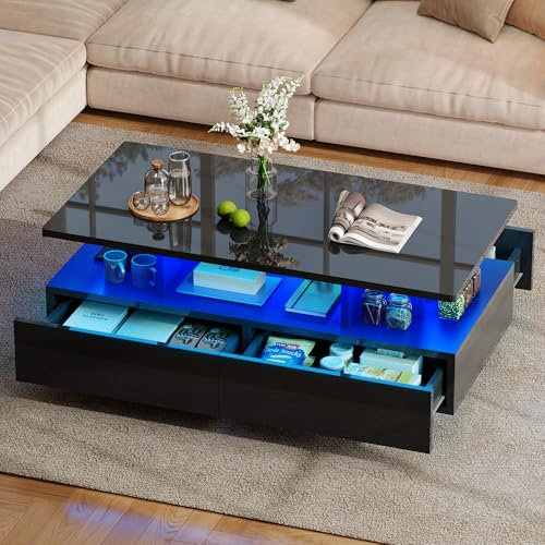 DWVO Couchtisch Modern, Wohnzimmertisch Hochglanz mit LED Beleuchtung, Kaffeetisch mit Offenem Ausstellungsregal und 4 Ausziehbaren Schubladen, Sofa Tische Wohnzimmer 90x55x41,1 cm