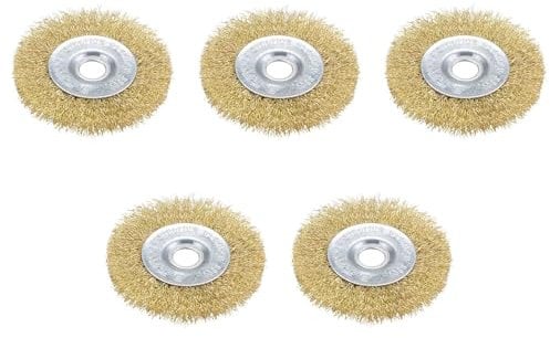 HAFRILY 4 Inch Wire Brush for Drill with 5/8 Inch Arbor Hole Heavy Duty Brass Crimped Steel Wire Brush Set 5Pcs for Rust Removal Cleaning Sanding Polishing for Wire Wheel for Drill Electric Weeder