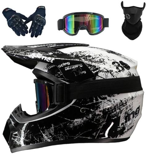 Casco de Motocicleta para Niños Adultos Todoterreno Motocross Dirt Bike con Gafas de Protección Guantes Máscara de Montar Aprobado por el Dot(#White,L(56-57cm))