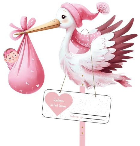 Klapperstorch Set zur Geburt Baby,81cm hoch Babystorch,Großer niedliche Holz Klapperstorch für Baby,Beidseitig Bedruckt,Geburtsstorch inkl,Holzstab+ Namensschild Grußkarte
