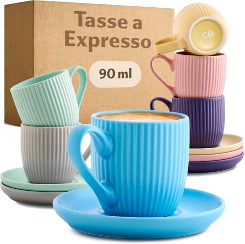 Cosumy Espressotassen Bunt mit Untertassen 6er Set Pastell - 90ml - Streifenmuster Keramik - Spülmaschinenfest -Mikrowellenfest - Moderne Mokkatassen Set