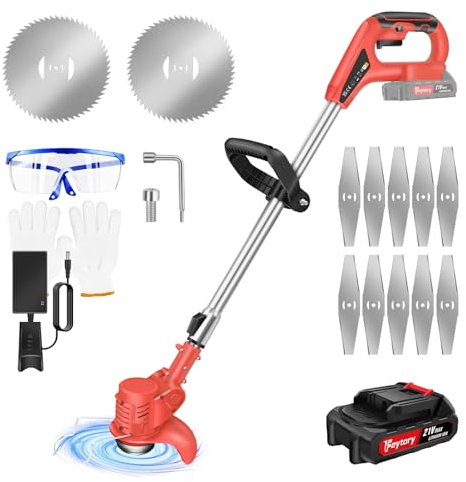 Cordless Strimmer Garden Grass Trimmer, Battery Strimmer Metal Blade Strimmer with 21V 1500mAh Lithium Battery, 10x Metal Blades, 90° Head Adjustment, Red