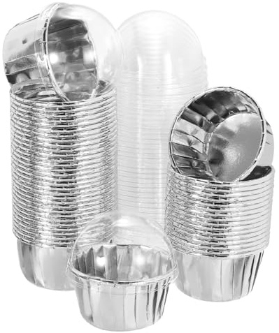 sourcing map 50 Pcs Double-Sided Aluminum Foil Cupcake Liners with Lids, Greaseproof Muffins Baking Cupcakes for Wedding Birthday Party Decoration, Silver (Round)