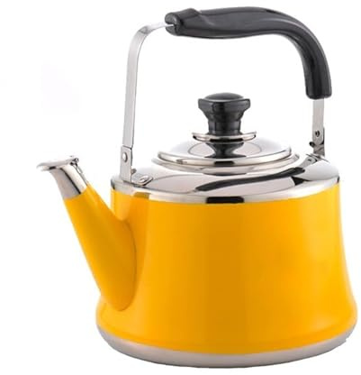 Gelber 2-Liter-Wasserkocher, Pfeif-Teekanne aus Edelstahl mit klappbarem Griff, leichter Teekessel für Zuhause, Büro, Reisen und Camping
