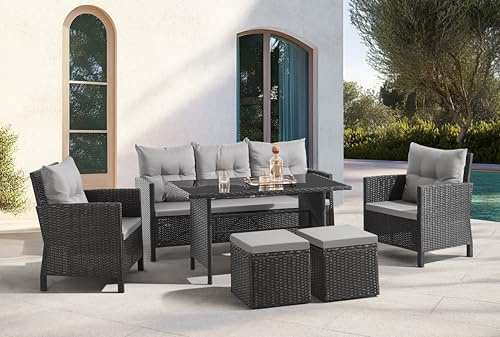 EVRE Havana 7 Seater Rattan Garden Furniture Patio Dining Set, 3 Seater Sofa 2 Armchairs 2 Ottoman Stools, High Table Glass Top, Thick Cushions, Wicker Rattan Garden Furniture Set Outdoor (Black)