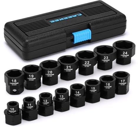 CaeeKee 15-Piece 1/2 Drive Metric Low Profile Nano Impact Socket Set, 10-24mm, Cr-Mo, 6-Point, Stubby Socket Set for Tight Spaces