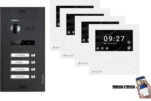 SCHUTZER Balter EVO HD Videocitofono per 4 case di famiglia, monitor touchscreen da 4,3 con Wi-Fi + fotocamera Full HD