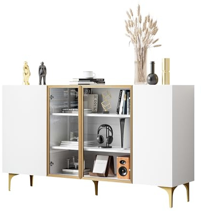 Azkoeesy Aparador, Vitrina, 150x38x85 cm, con Puertas de Cristal y Estantes Regulables, Blanco con Decoración Dorada, para Comedor, Salón, Cocina