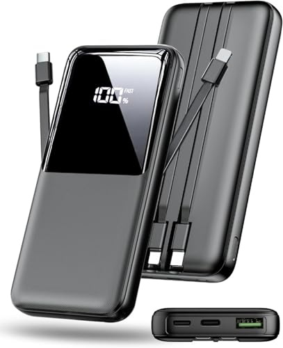 Power Bank Fast Charging, 15000mAh Portable Charger with Built-in Cables, USB-C Powerbank with LED Display & 4 Outputs, Battery Pack Compatible with iPhone 17 16 15 14 13 Android and more, Black