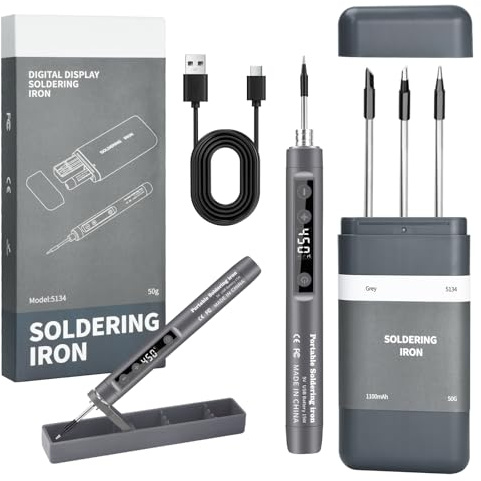 Voktta Wireless Portable Soldering Iron Set, with Storage & Stand - Gray | USB with LCD, Adjustable Temperature 180-450°C, 3 Soldering Tips for Repairing Circuit Board, Welding Repair