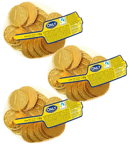 Only Schokoladen-Goldmünzen Netz 3er Set je 85g edle Vollmilchschokolade | in goldener Folie, ideal für Nikolaus, Weihnachten, Adventskalender, Kindergeburtstag, Schulanfang oder Mitgebsel
