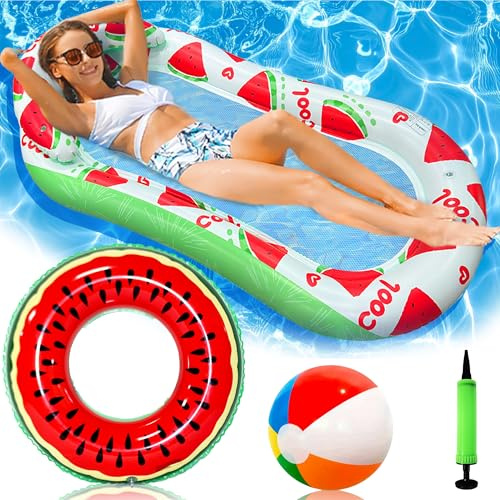 Set de Hamaca Flotante de Agua 4 en 1, con Pelota de Playa/Flotador/Bomba de Aire, Tumbona Hinchable, Colchoneta Hinchable Piscina con Reposacabezas, Juguete para Adulto Niño, Bronceado Fiesta Playa