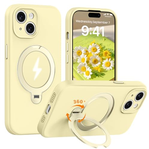 AurySharled für iPhone 15 Hülle mit 360° Drehbarer Magnetischer Ständer [Upgraded Kameraschutz] Mil-Grade Drop Shockproof stoßfeste Anti-Scratch Liquid Silicone Hülle (Gelb)