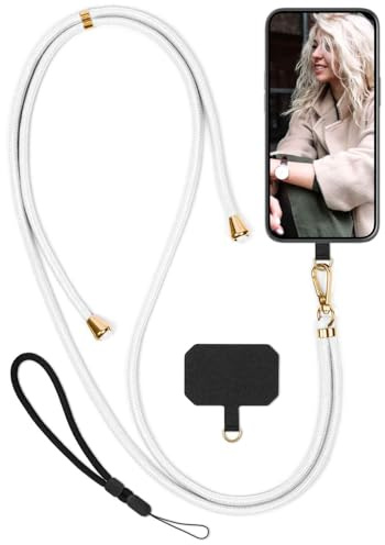 moex Unleash für Xiaomi 17 Handyband zum Umhängen ohne Hülle, Handykette Universal mit Karabiner, Handy Band abnehmbar, Kette mit Pad für Handyhülle, Weiß, Gold