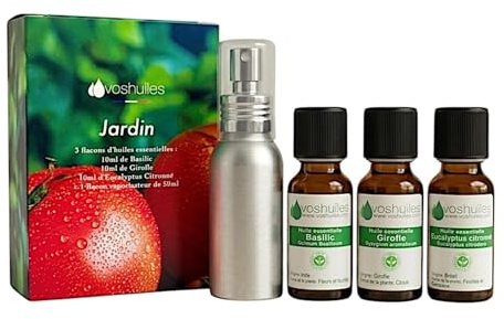 VOSHUILES - Mon Petit Kit Jardin - 3 Huiles Essentielles Bio - 100% Pure et Naturelle - HEBBD, Ecocert - Basilic, Eucalyptus Citronné, Girofle - 3x10ml - Vaporisateur 50ml Inclus