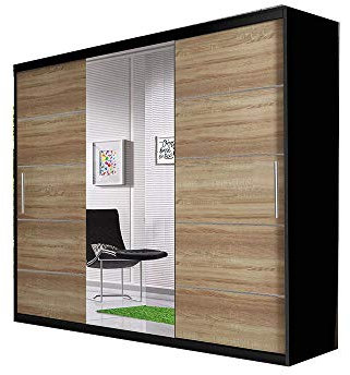 Kleiderschrank ALFA – Schwebetürenschrank 2-türig Schrank Garderobe Schiebtüren Schlafzimmer, Dekorative Aluminiumleisten, Kleiderstange und Regale (BxHxT): 233x218x61 cm (Schwarz + Sonoma + Spiegel)