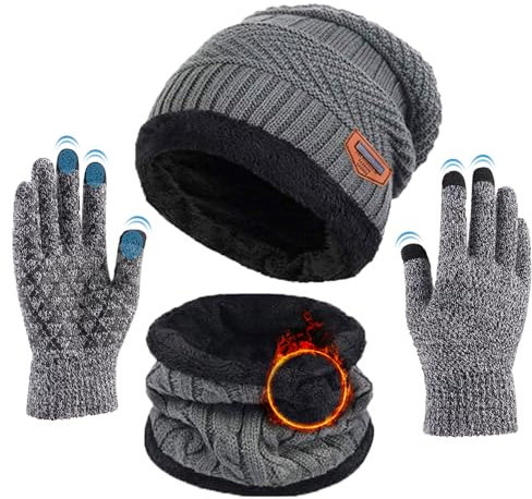 TMEOG Mütze Herren Damen Wintermütze Schal Handschuh Set, Beanie Strickmütze Haube Winter Loop Schal mit Fleecefutter Touchscreen Handschuhe Warme Mütze Schal Handschuh Sets für Herren Damen(Grau)