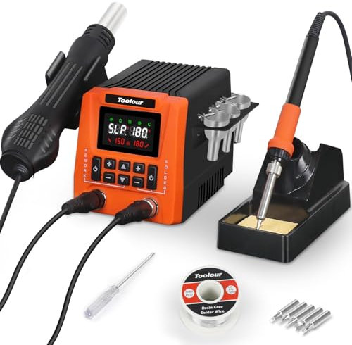 TOOLOUR 851 Lötstation, Intelligente PID-Temperaturregelung mit Heißluftgebläse & Lötkolben – Metall-Magnetbefestigung, Präzise Dual-Channel-Station für DIY & Anfänger