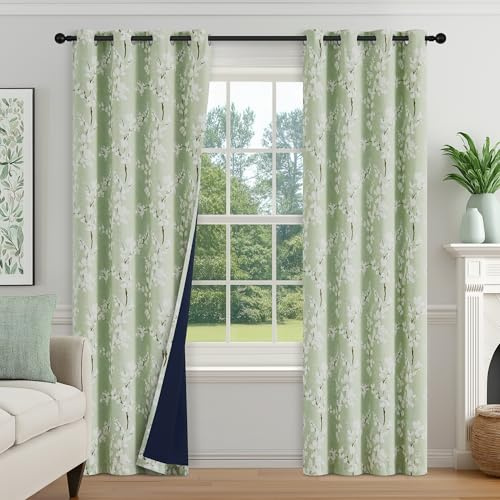 FMFUNCTEX Verdunkelungsvorhänge mit Blütenmuster, für Schlafzimmer, Wohnzimmer, salbeigrüne, wärmeisolierte Vorhänge für Landhäuser, mit Ösen, 243,8 cm Länge, 2 Paneele, Weiß auf Grün