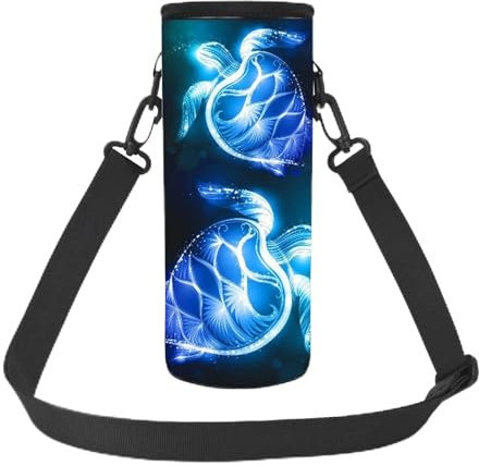 NETILGEN Small Protable Water Bottle Sleeve Blue Neon Sea Turtle Neoprene Sports Gym Cycling Bottles Bag Washable Case Water Bottle Carrier