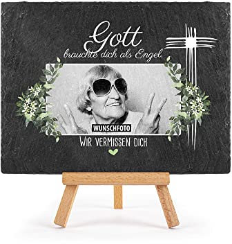 Schieferplatte selbst gestalten - Gedenktafel mit Foto bedrucken - Gott brauchte Dich als Engel - Grabtafel, Grabschmuck - Schiefertafel mit Staffelei, 15x20 cm I Personalisierte Erinnerung