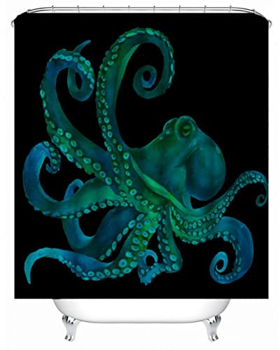 TAOLU 100% Polyester Stoff Duschvorhang Anti-Schimmel 200x200 cm Wasserdicht Shower Curtain 3D Ocean Blue Octopus Badvorhang Waschbar Duschvorhänge für Badzimmer mit 12 Rings