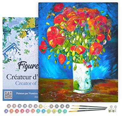Figured'Art Peinture par Numéro Adulte avec Cadre Vase avec Coquelicots - Van Gogh - Activité Manuelle Kit de Loisir Créatif DIY Numéro d'Art Complet - 40x50cm toile tendue sur châssis