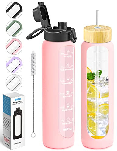 Nefeeko Bouteilles d'eau en verre avec paille, marqueur de temps motivant, sans BPA, anti-fuite, réutilisable, avec manchon en silicone, bambou et couvercle à bec verseur, 1 l