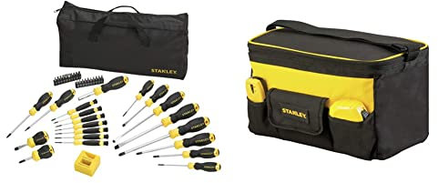 Stanley STHT0-62113 - Juego de 42 destornilladores con bolsa de nylon + Bolsa Profunda para herramientas, Tapa plana (14%22/34 cm), Múltiples bolsillos