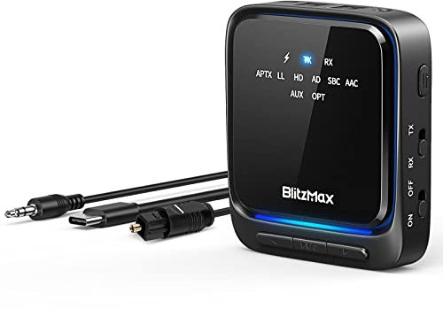 BlitzMax bluetooth 5.2 Adapter, bluetooth Transmitter Receiver, Low Latency & HD, Dual Connection, 3.5 mm AUX + RCA + Digital Optical Output, for TV/Speaker/Home Stereo/Laptop, black