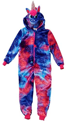 Animal Crazy Onesie Girls Boys Kids Childrens Fleece Onesies Jumpsuit Playsuit One Piece UK Seller - Bright Tie Dye Unicorn - 10/11 Years