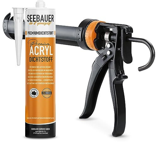 SEEBAUER diy Acryl Dichtstoff-Set Weiß 300 ml inkl. Kartuschenpresse - Besonders elastische Dichtmasse - Einfach überstreichbar für Innen- & Außenbereich - Maler-Acryl für Fugen & Risse (1 Stück)