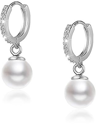 ASH'S CHOICE Pearl Drop Earrings, 925 Sterling Silver Pearl Dangling Earrings for Women, Small Zircon Cartilage Huggies Hoop Earring with White Freshwater Pearls Silver Pearl Drop Earrings