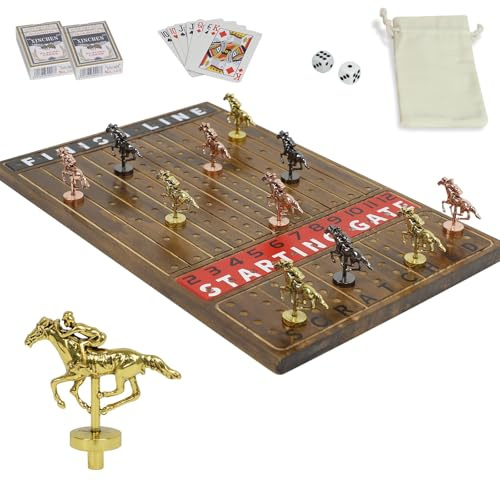 HOROW Metal Horse Racing Brettspiel Kartenbrettspiel Finish Line Luxury Edition Massivholz Rennspiel Brett 11 Chargen Metallmodell Pferde 2 Sets Würfel und 2 Kartons