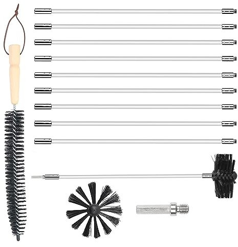 Brosses de Nettoyage de Cheminée Flexible avec Brosse + 9 Barres, 12 pcs kit de ramonage du Poêle à Granulés pour Poêle à Pellet, Brosses des cheminées, chaudières, Pipelines
