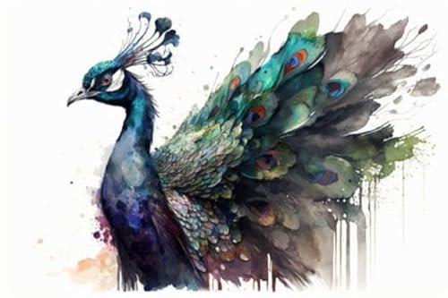 adrium Acryl-Bild 140 x 90 cm: Pfau, ein Seitenansichtporträt eines wunderschönen Vogels mit buntem Schwanz. Tierische Aquarellillustration, generative KI. (198852911)