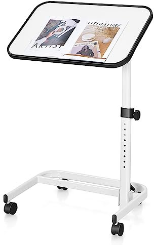 GIANTEX Pflegetisch höhenverstellbar 73-93 cm, Betttisch mit neigbarer Tischplatte & feststellbaren Rädern, mobiler Beistelltisch mit Metallgestell für Kranken- & Pflegebetten, Laptoptisch (Weiß)