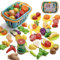 Kidow Toys Pretend Play 57PCS Fruit & Vegetable Cutting Set: Plastic Toy Food, Toddler Toys Kitchen Accessories with Child-Safe Toy Knife, Play Kitchen Basket for Kids, Fake Food Playset for Children