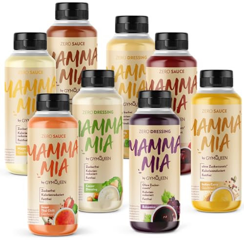 GymQueen Mamma Mia Zero Sauce 8x265ml, Mix-Paket mit 8 Sorten, kalorienreduziert, ohne Fett & ohne Zuckerzusatz, zum Verfeinern von Gerichten oder als Salat-Dressing