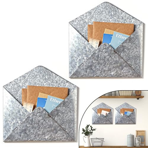 Yaocom Lot de 2 enveloppes en métal galvanisé, support mural galvanisé, support mural rustique, poche de ferme pour le rangement, les cartes postales, les lettres, les factures, la décoration de la