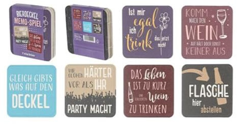Cepewa - 82267x - Bierdeckel Memo-Spiel Trinkspiel, 12 Deckel pro Set, 6 unterschiedliche Deckel jeweils mit Spruch, Pappe, 9,2cm x 9,2cm