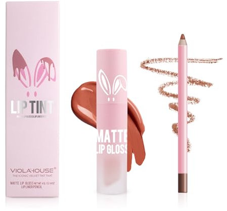 VIOLA HOUSE Set di rossetti Lip Liner, rossetto liquido opaco, lip liner impermeabile e non sbiadito, lucidalabbra nudo. (1)