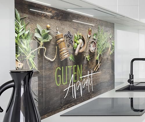 timalo Herd Spritzschutz Wand Spüle, Küche Küchenrückwand Glasoptik | Acryl Glas 2mm | Glasrückwand Acrylglas Küchenpaneele Rückwandschutz Platte | 120x60cm Kräuter Gewürze Text Guten Appetit