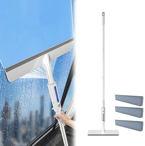 Fensterabzieher, Sprüh Fensterreinigungsgerät mit Teleskopstiel Fensterreiniger mit Teleskopstange 30cm Wischbrett Geeignet für Fensterputzen 145cm Teleskopstiel Fensterabzieher Profi mit 3 Wischpads