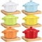 Mimorou Set di 6 mini cocotte in ceramica da 200 ml, con coperchio e base in legno, mini pentola da forno olandese colorata, pirottini rotondi con manico, per cottura a casa, ristorante, cucina