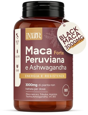 iNATUR Maca Peruviana Nera Extra Forte 100:1 Uomo Donna 90 Compresse Vegan | Con Arginina, Zinco e Vitamina B6, Ashwagandha e Tribulus, estratto titolato ad alto dosaggio per energia made in Italy